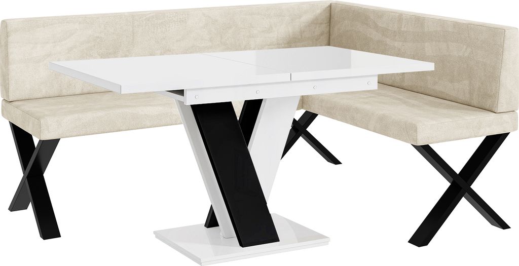 MEBLINI Eckbank für Esszimmer mit ausziehbarem Tisch - Küchenbank - Essecke - Sitzecke Küche - TONI - X-Beine 128x168x87cm Rechts - Creme Samt/M...