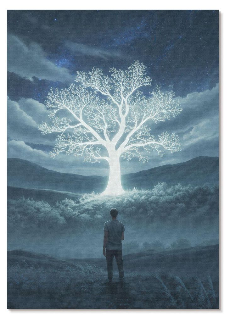 POSTER - 42x59 cm (A2) - Hidden Frame - Ein magischer Baum vor dem Hintergrund einer nächtlichen Landschaft. - Wandbild für Wohnzimmer Schlafzimm...