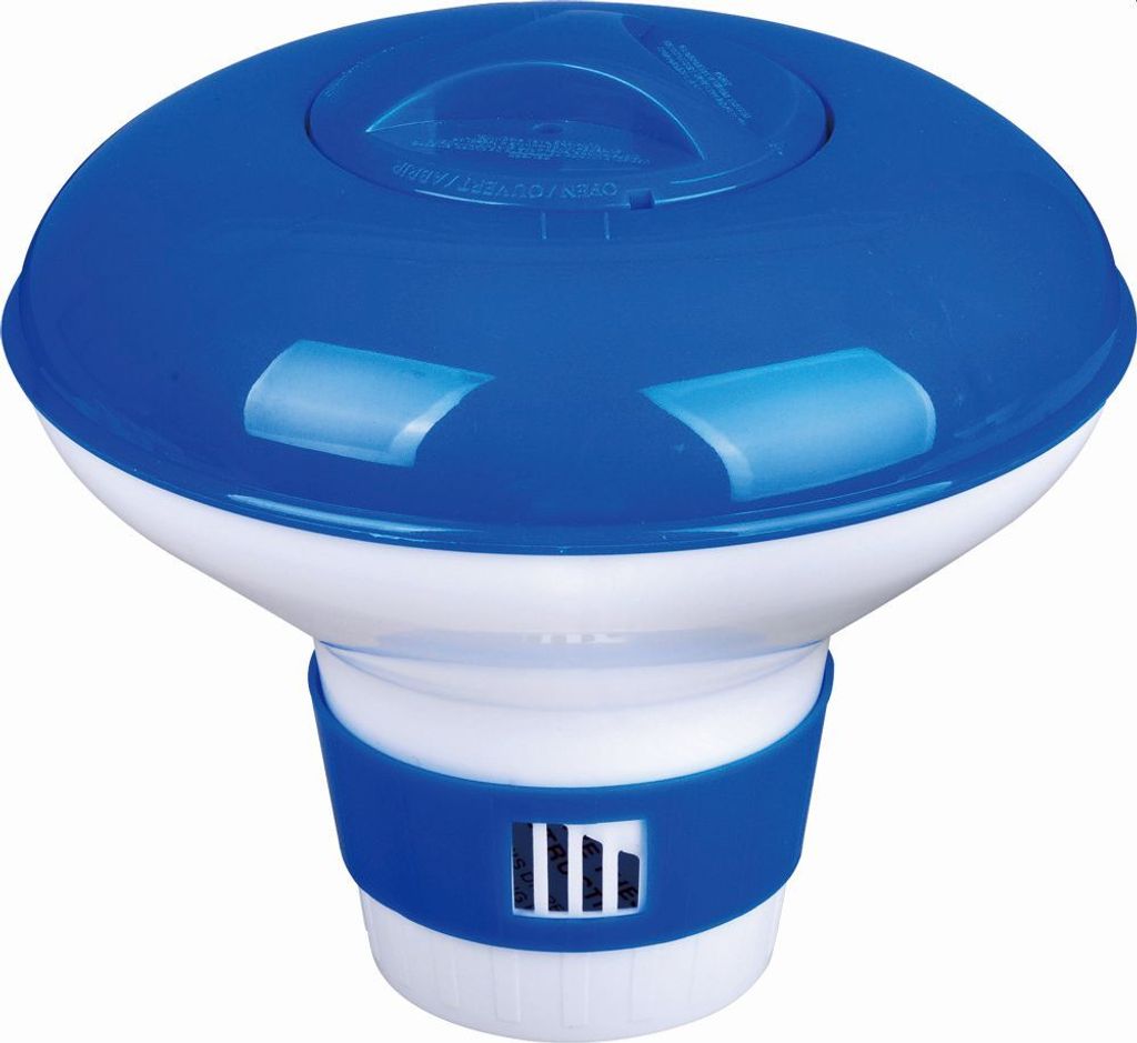 A blue and white pool chemical floater is shown against a white background.