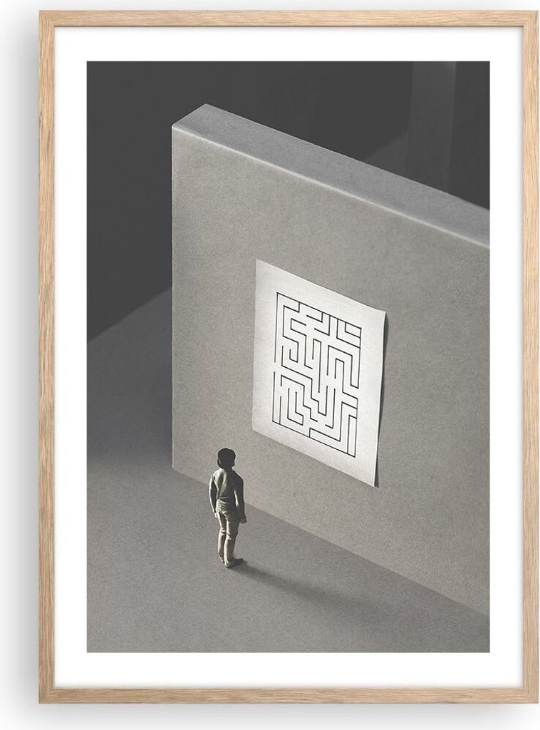 Gerahmtes Poster - Rahmen in heller Eiche - Labyrinth Grau Verloren - 50x70 cm - Wand Bild - Wanddeko - Wandbilder - Kunstposter - Wandposter - Bil...