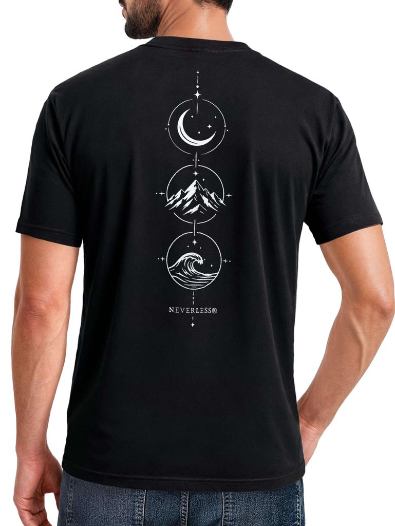 Herren T-Shirt Backprint - Berg Mond Welle - Baumwollshirt Männer Fashion Streetstyle Slim Fit Neverless