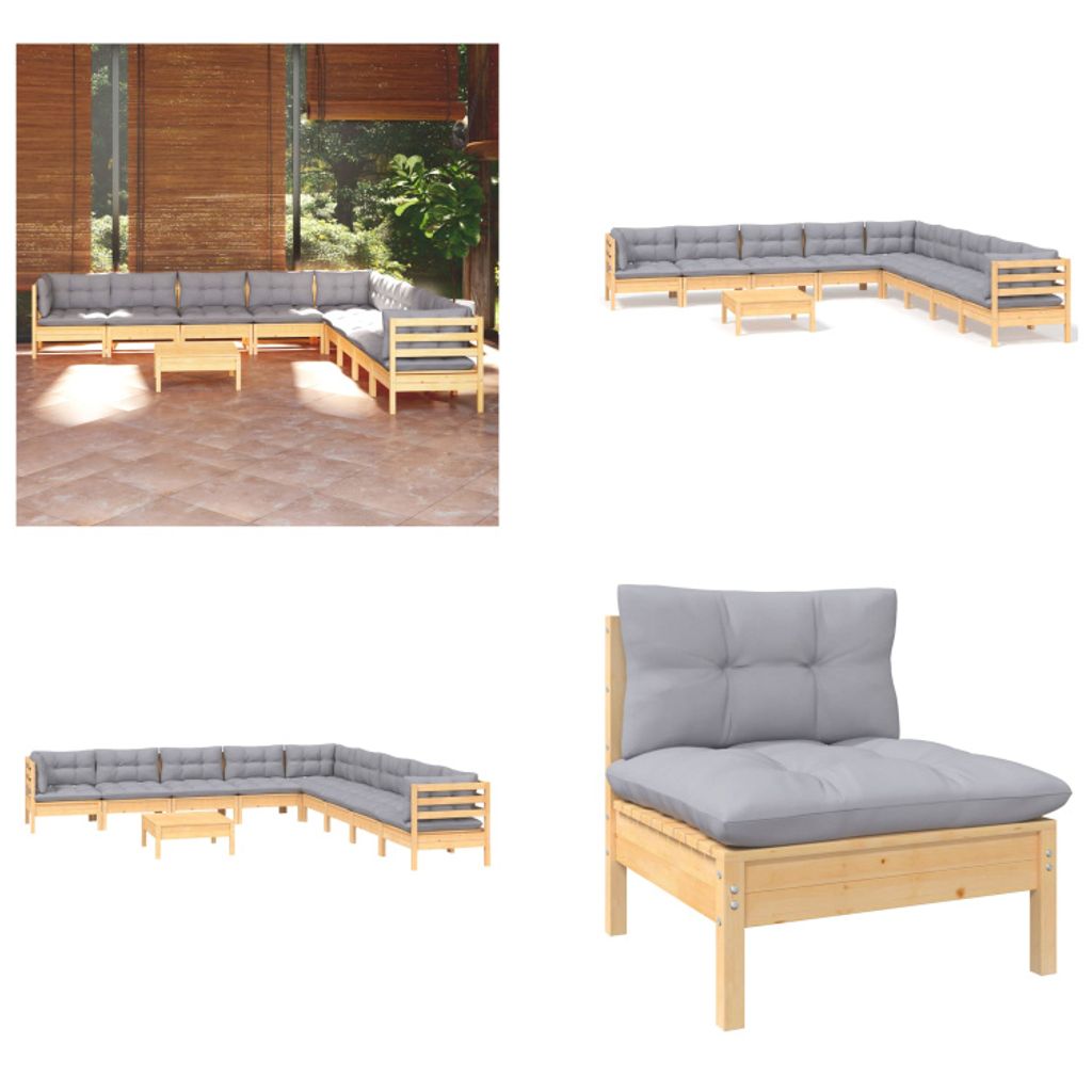 vidaXL 10 tlg. Garten Lounge Set mit Grauen Kissen Kiefer Massivholz - Garten-Lounge-Set - Garten-Lounge-Sets - Gartenmöbel-Set - Gartenmöbel-Sets
