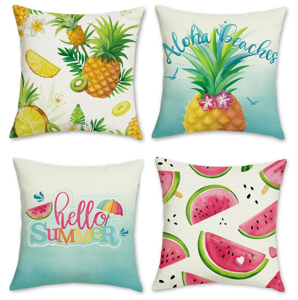 4er-Set Kissenbezüge mit Sommerfruchtmotiv, 45 x 45 cm, Wassermelone, Ananas, Polyester-Leinen, dekorative Kissenbezüge für Sofa, Wohnzimmer, Te...