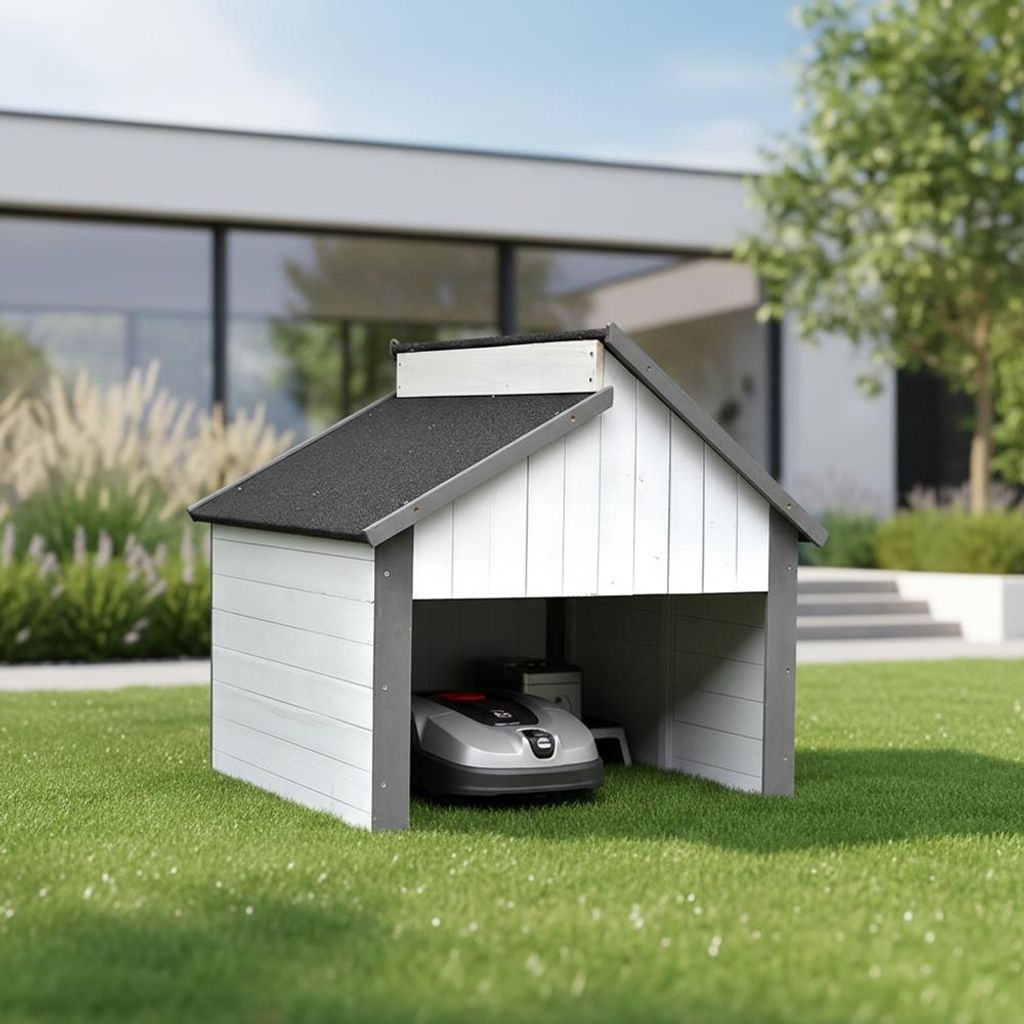 Mucola Mähroboter Garage Holzgarage Rasenroboter Unterstand Sonnenschutz Garagendach Rasenmäher Haus Station - Grau / Weiß