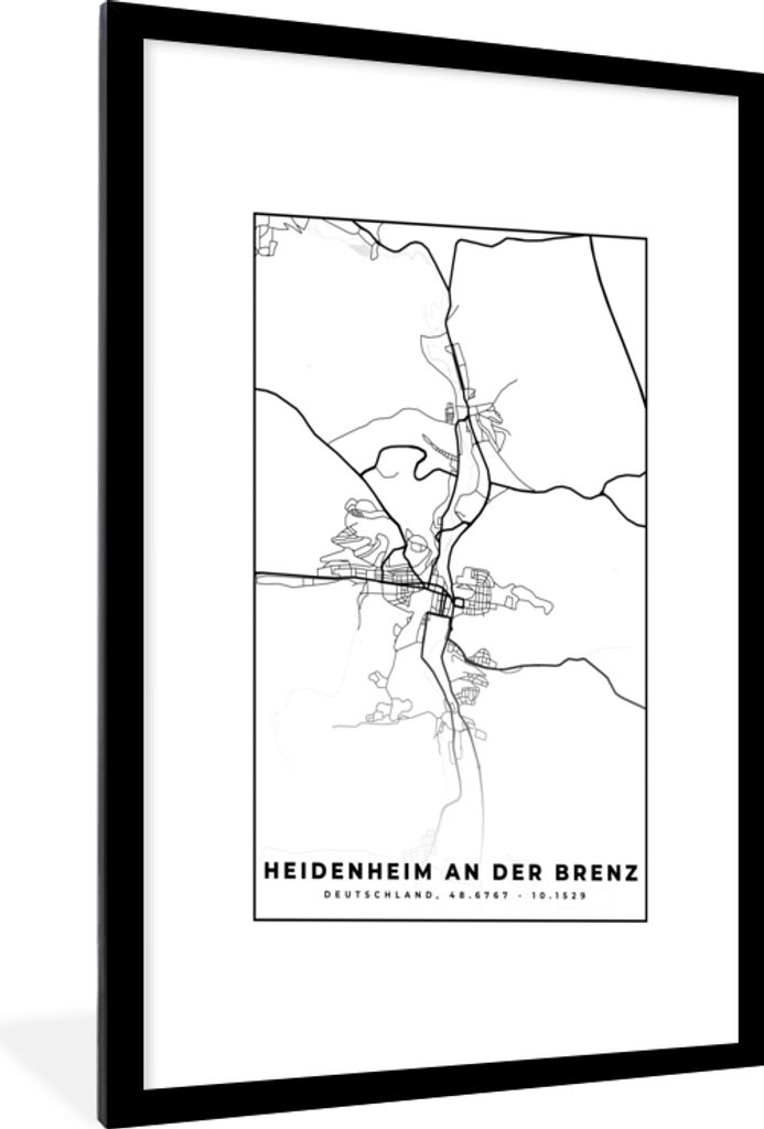 MuchoWow Gerahmtes Poster Heidenheim an der Brenz - Karte - Stadtplan 60x90 cm - Poster mit Schwarzem Bilderrahmen Wandposter Rahmen Foto Bilder ...