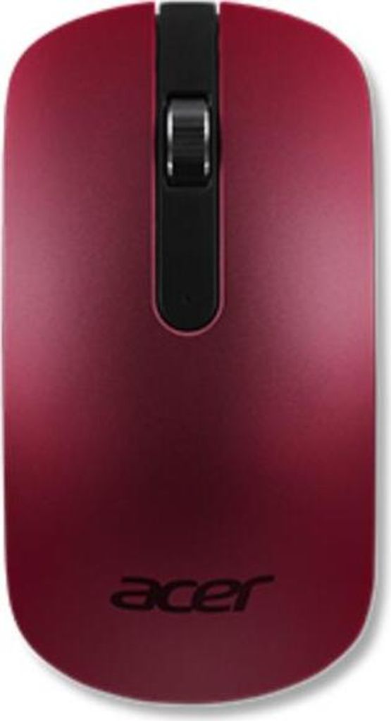 A top-down view of a red Acer wireless mouse on a white background.