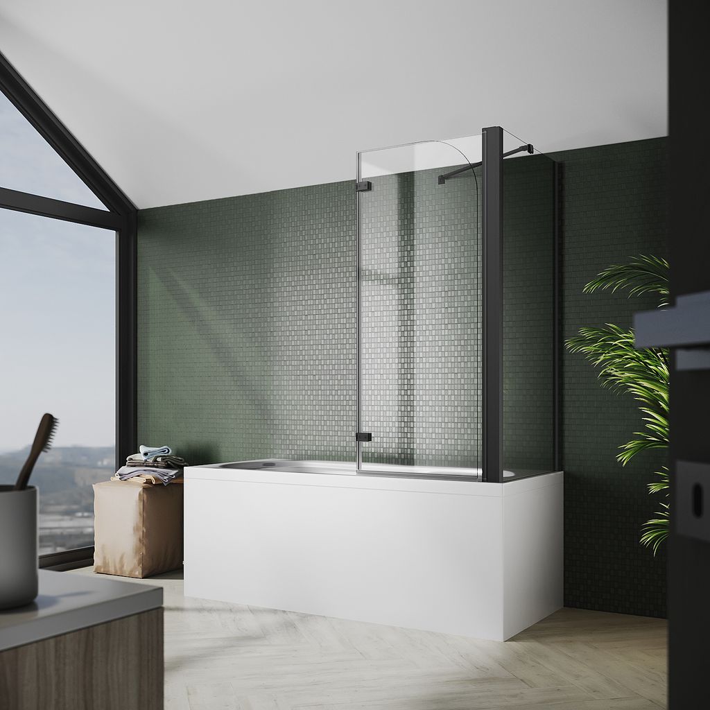 SONNI Badewannenaufsatz 120x140cm 2 teilig Faltwand Faltbare Duschabtrennung mit Seitenwand NANO 6mm Glas Schwarze Duschtrennwand