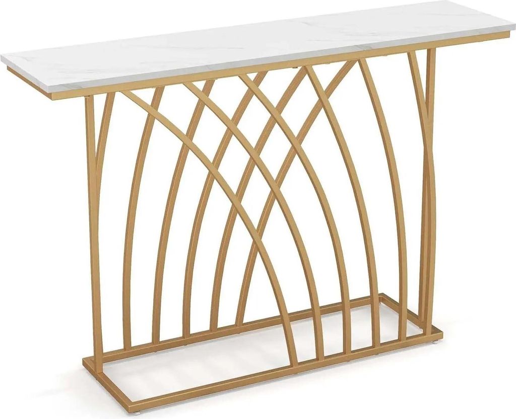 Konsolentisch - Flurtisch - Marmor-Optik - Geometrisches Metallgestell - Schlankes modernes Design - 120 x 30 x 80 cm - Weiß