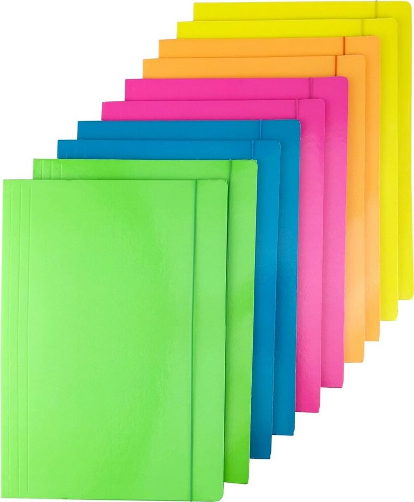 D.RECT 10 Stück (2 Stück Pro Farbe 5x2) FLUO Sammelmappe Aus Karton Einschlagmappe Mit Gummi Mappe Mit Gummiband Für Din A4 3 Klappen 350g, Schn...