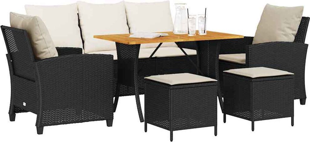 vidaXL 6-tlg. Garten-Sofagarnitur mit Kissen Schwarz Poly Rattan