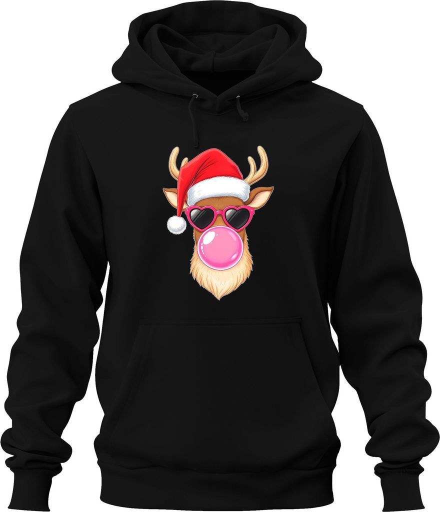 Weihnachtsrentier mit Kaugummi Herzbrille Weihnachtsmütze Cool Uni Hoodie Kapuzenpullover, Schwarz, XXL