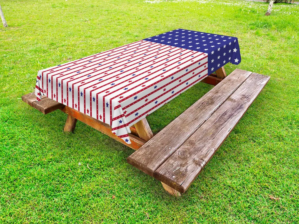 ABAKUHAUS USA Tovaglia da esterno, bandiera americana con stelle e strisce, tema Giorno dell'Indipendenza, blu viola bianco rubino, 145x305 cm