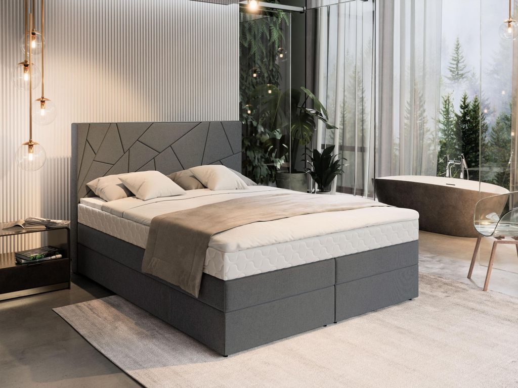 Masseno Boxspringbett TRANI 140x200 cm Komplett-Set mit Bonell Matratze und Topper, Polsterbett mit Bettkästen -Grau, INARI 94