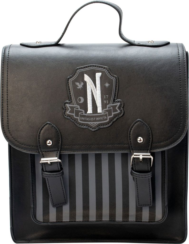A black backpack with a crest and striped front pocket.