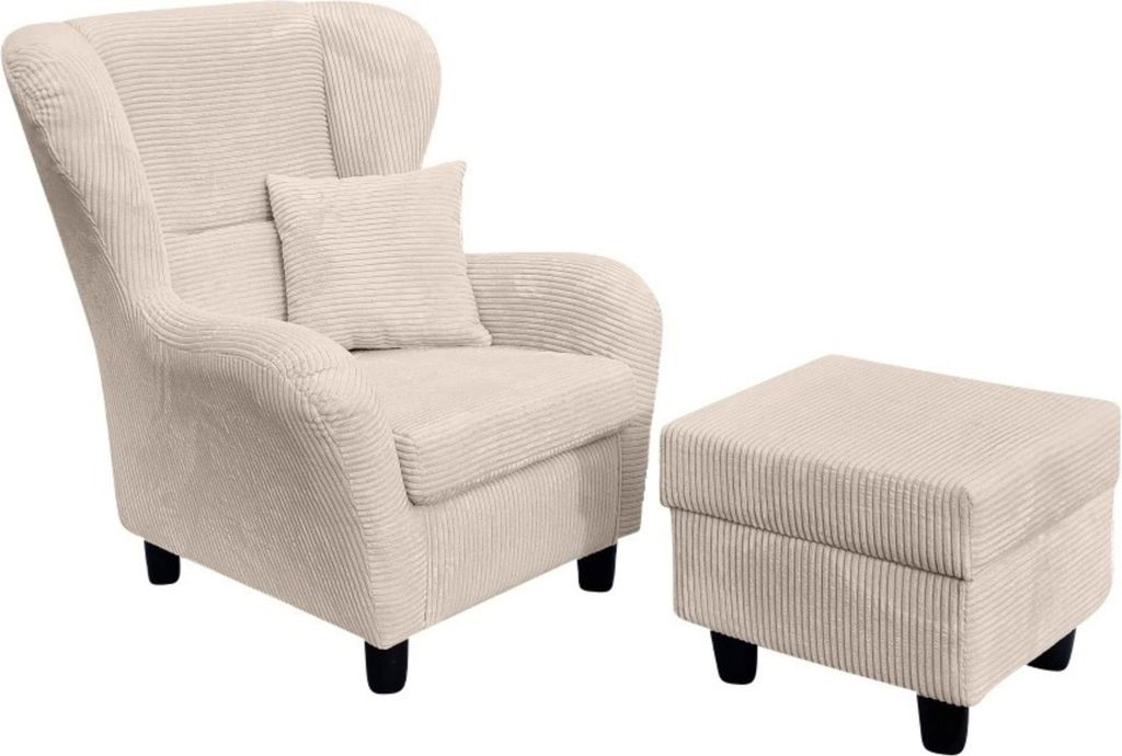 Ohrensessel mit Hocker Landhausstil Polster-TV-Lesesessel Cordstoff Beige Creme / 18017