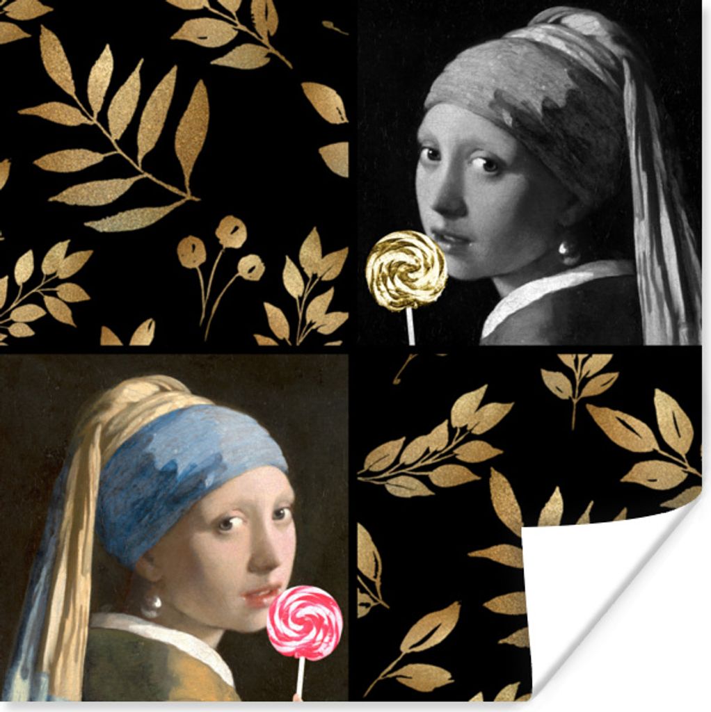 MuchoWow Poster Mädchen mit Perlenohrring - Gold - Collage 50x50 cm - Wohnzimmerdekoration
