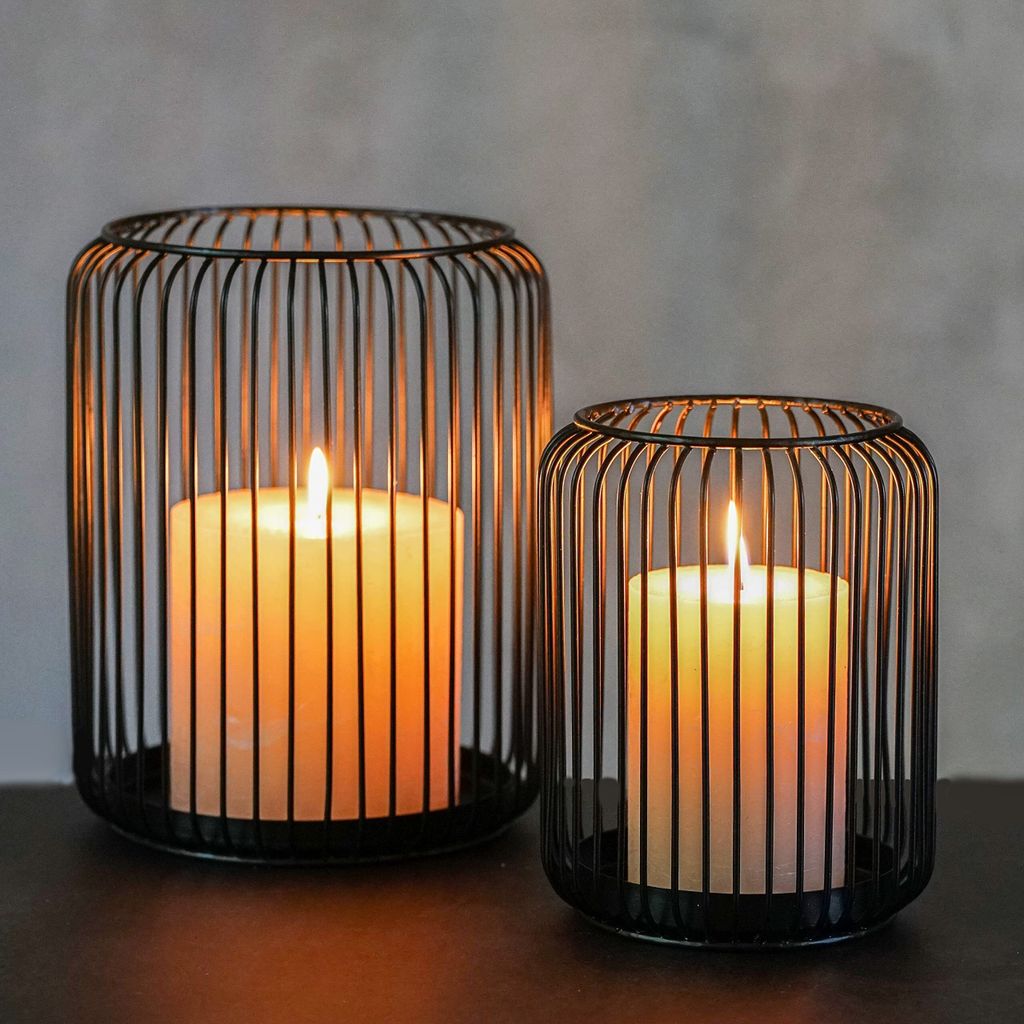 Windlicht 2er Set | Kerzenständer Metall Schwarz | Kerzenhalter Groß Oval | Schwarze Dekoration | Deko | Deko Windlichter aus Draht (Schwarz)