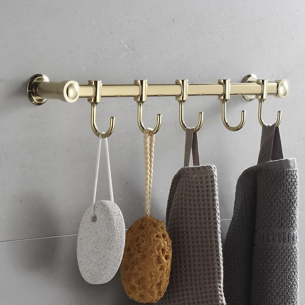 Patère pour Serviettes et Ustensiles de Cuisine, 5 Crochets Inox Doré