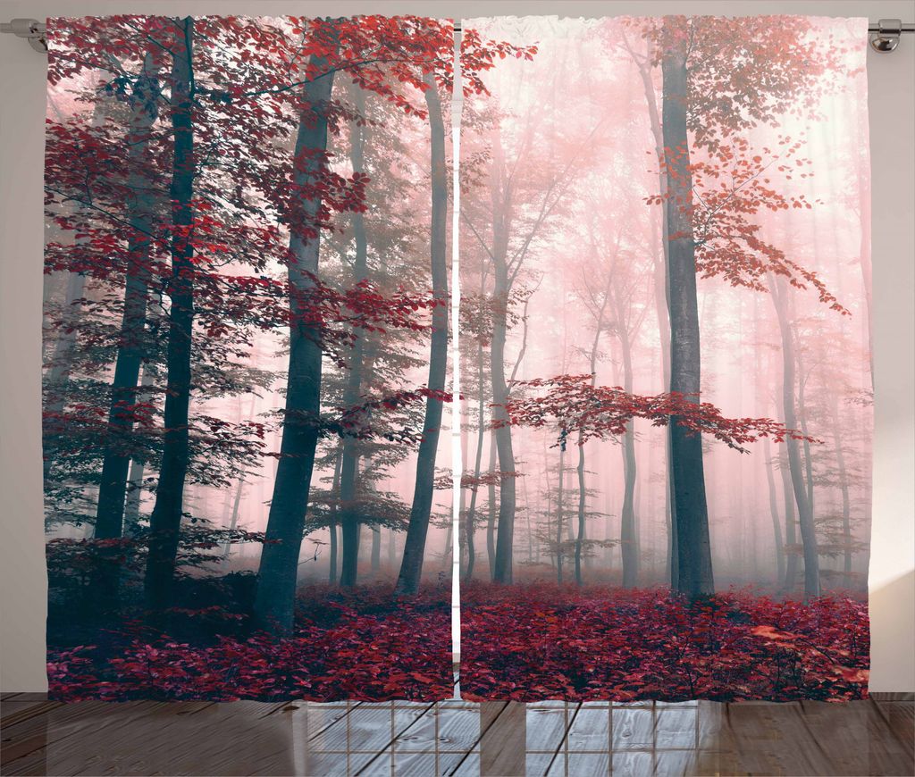 ABAKUHAUS Wald Rustikaler Vorhang, Herbst-Fall-Natur Woods, Wohnzimmer Universalband Gardinen mit Schlaufen und Haken, 280 x 245 cm, Rot Grau und B...