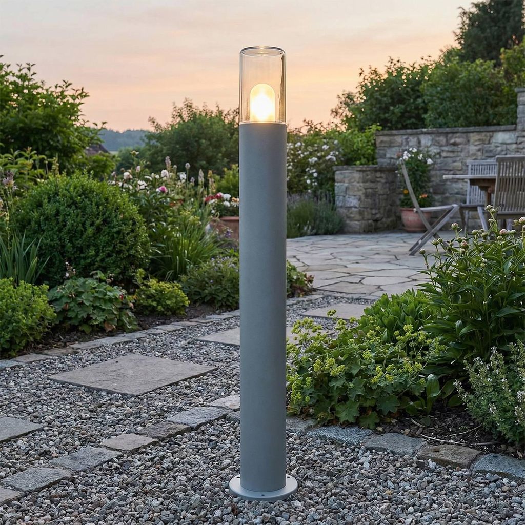 Pollerleuchte Edelstahl IP44 Farbwechsel E27 80 cm hoch Grau rund Modern