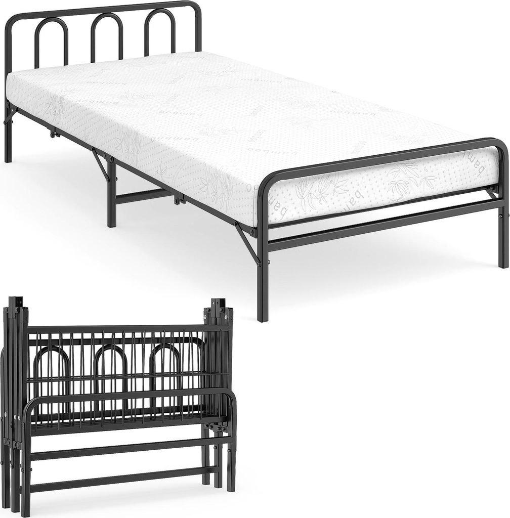 COSTWAY Klappbett 90x200, Bett klappbar mit 10cm Matratze, Einzelbett bis 220kg, Gästebett Bettgestell mit Memory-Schaum, Kopfteil & Metallrahmen ...