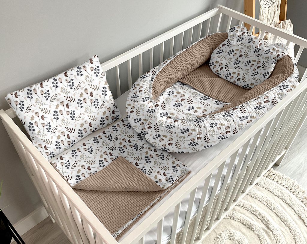 Babynest Kokon Nestchen für Neugeborene – 5-teiliges Set mit Decke und Kissen aus Baumwolle, Zweige und braun