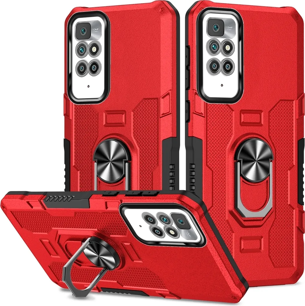 Redmi 10 Case Rugged Rosso - Cover Gaming con Anello e Supporto Magnetico