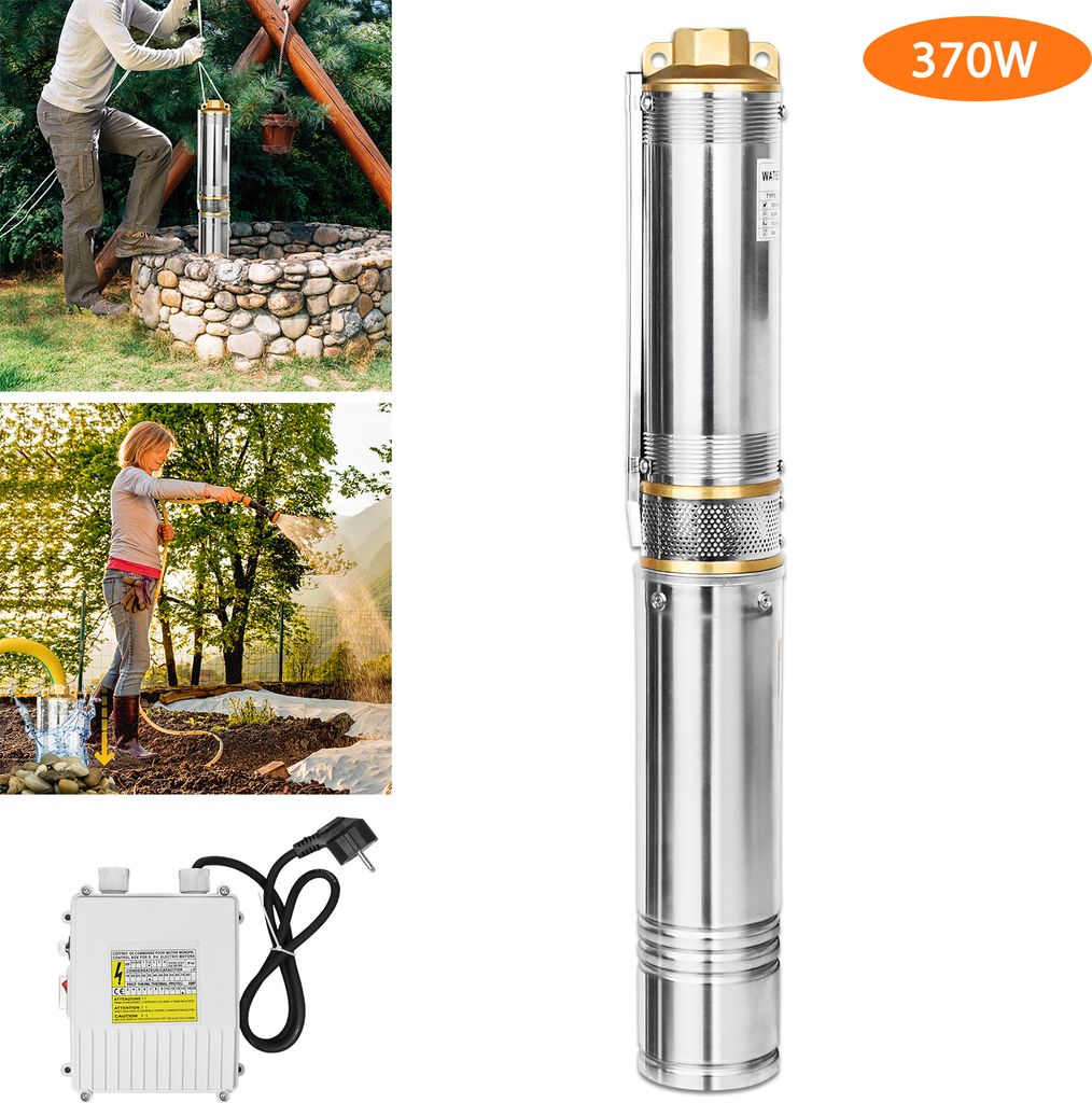 A collage showing a submersible pump being lowered into a well, a person watering plants with a hose, and a close-up of the pump and its control box.
