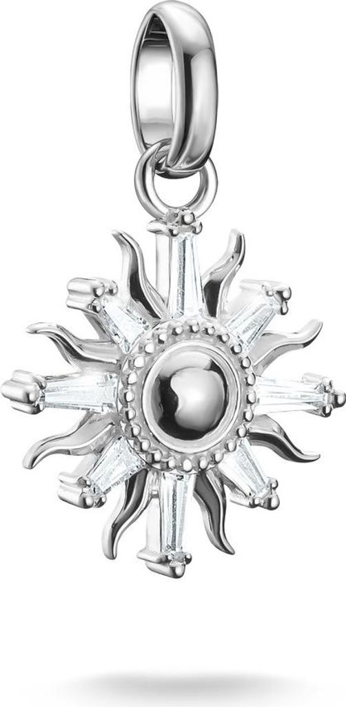 A silver sun charm with clear stones, isolated on a white background.