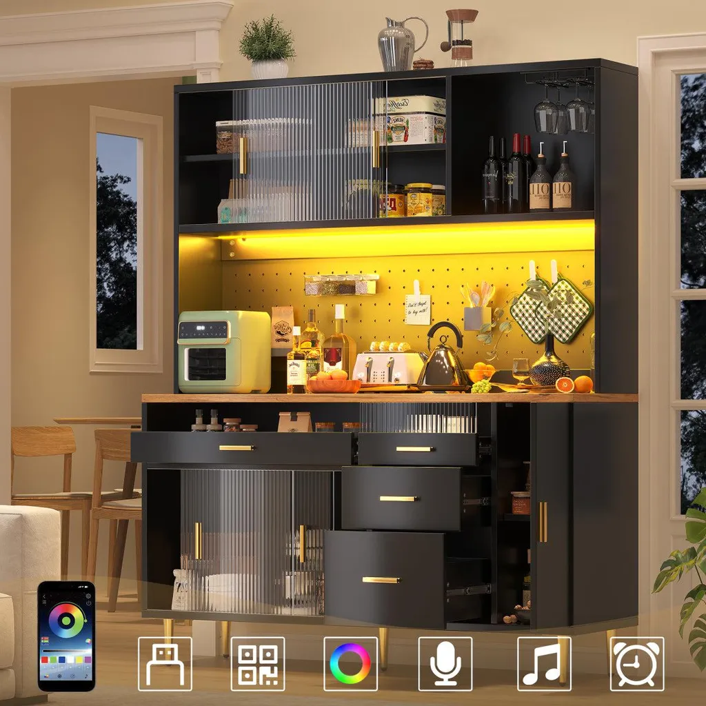 Armoire haute noire 145x24x171 cm avec LED et porte coulissante en verre