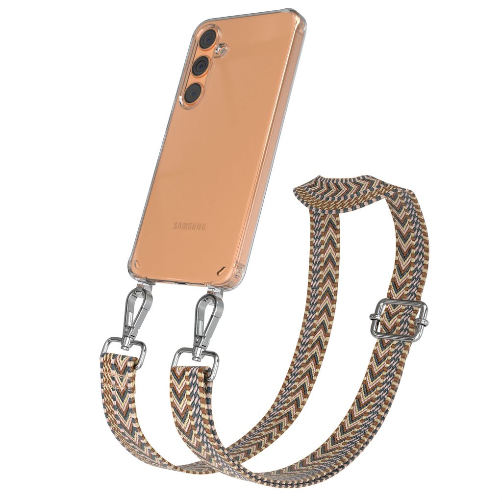 EAZY CASE Handykette - Verstellbarer Trageriemen kompatibel mit Samsung Galaxy S24 Plus, Handykordel mit transparenter Silikon-Hülle, Band in Braun