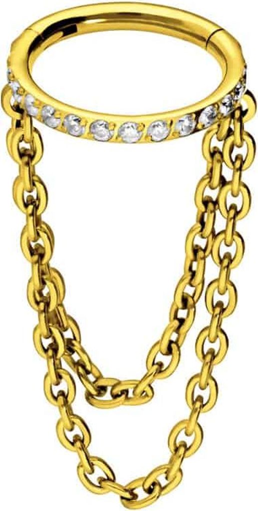 Ohrpiercing, Nasenpiercing, Septum Piercing Titan Segmentring Clicker EINGEFASSTE KRISTALLE + 2 KETTEN Gold Innendurchmesser: 12 mm