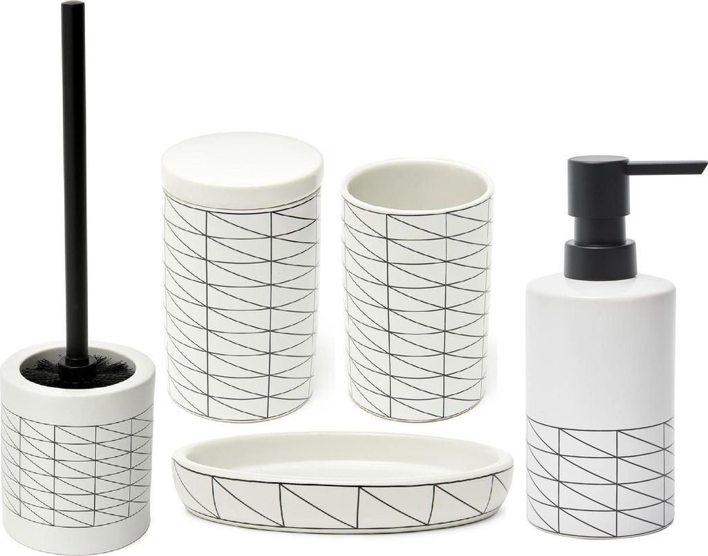 SAT GEOMETRIE Bad Accessoires Set aus Keramik, weiß & schwarz