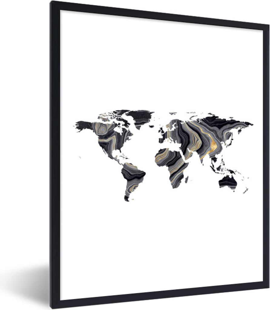 MuchoWow Gerahmtes Poster Weltkarte - Farbe - Schwarz 60x80 cm - Poster mit Schwarzem Bilderrahmen Wandposter Rahmen Foto Bilder - Premium - Wand...