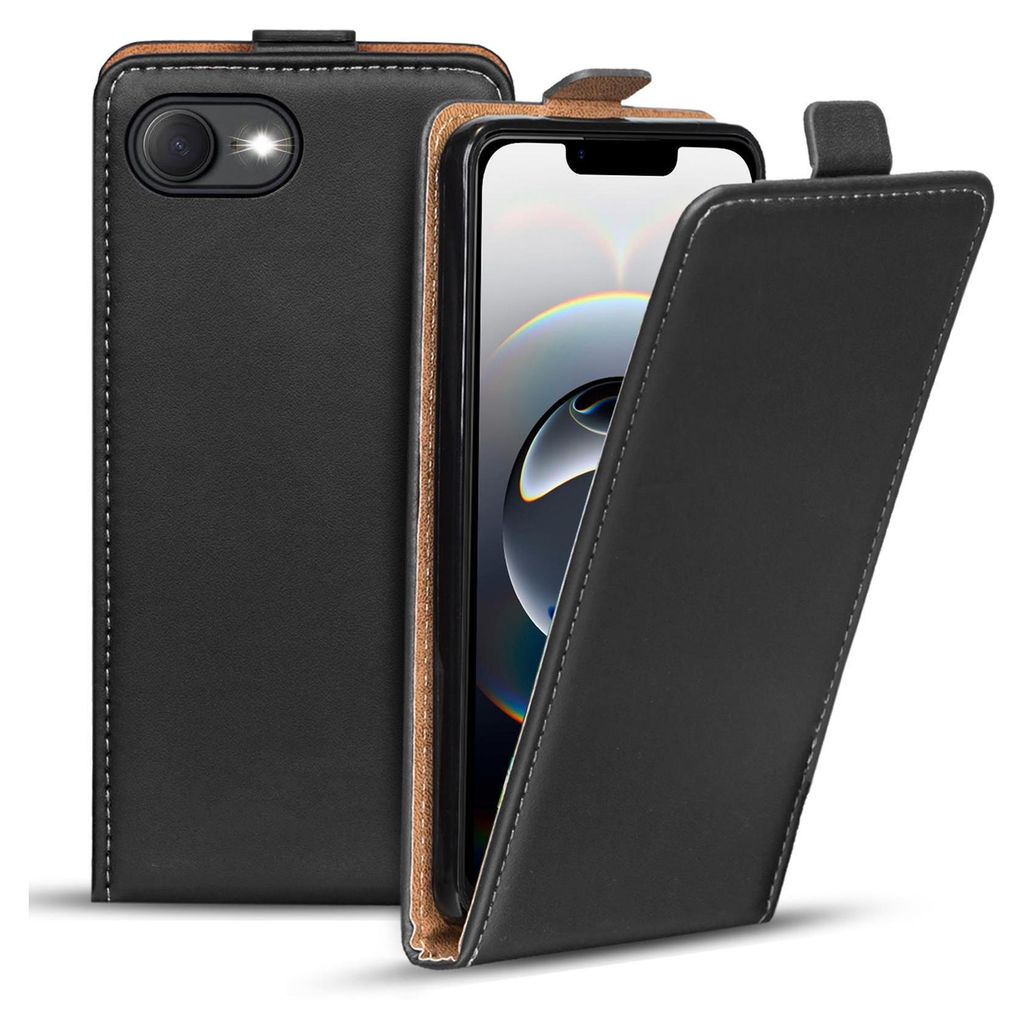 A black flip case for a smartphone is shown with the front cover open, revealing the phone screen.