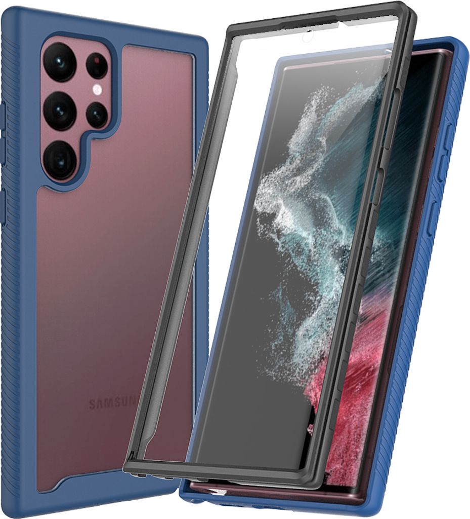 Galaxy S22 Ultra 5G Hülle, TPU Bumper mit Eingebautem Displayschutz 360 Grad Komplettschutz Schutzhülle für Samsung Galaxy S22 Ultra 5G Navy Blau