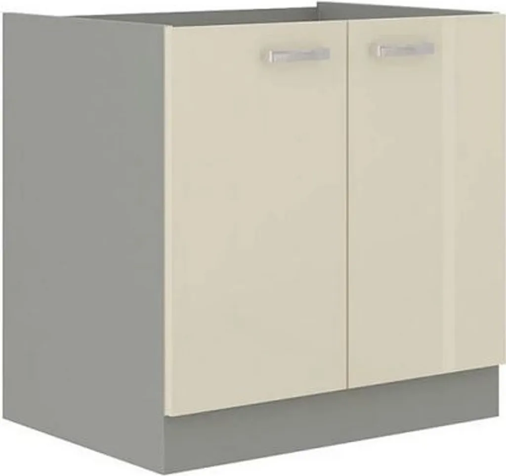Meuble évier 80 cm SHAN gris et crème, portes brillantes et grand volume