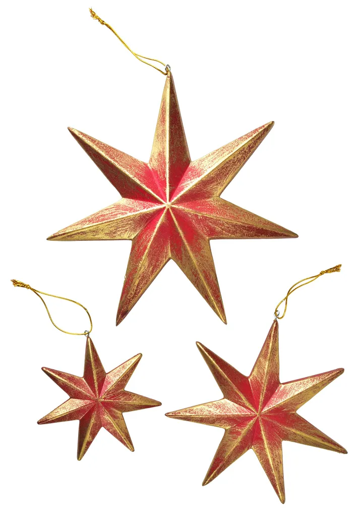 Lot de 3 Suspensions Étoiles Décoratives de Noël en Bois MDF Rouge et Or