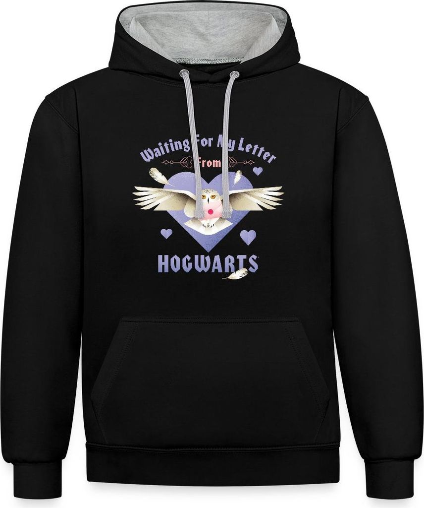Spreadshirt Harry Potter Hedwig Spruch Brief Aus Hogwarts Uni Kontrast Hoodie, L, Schwarz/Grau meliert
