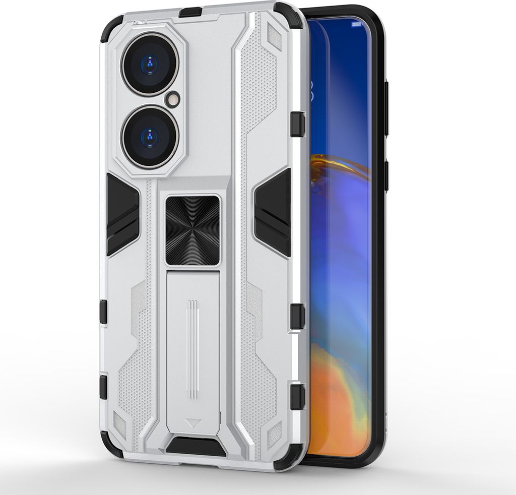 Huawei P50 Hülle, Dual Layer PC TPU Bumper Stoßfest Ständer Schutzhülle für Huawei P50 Silber