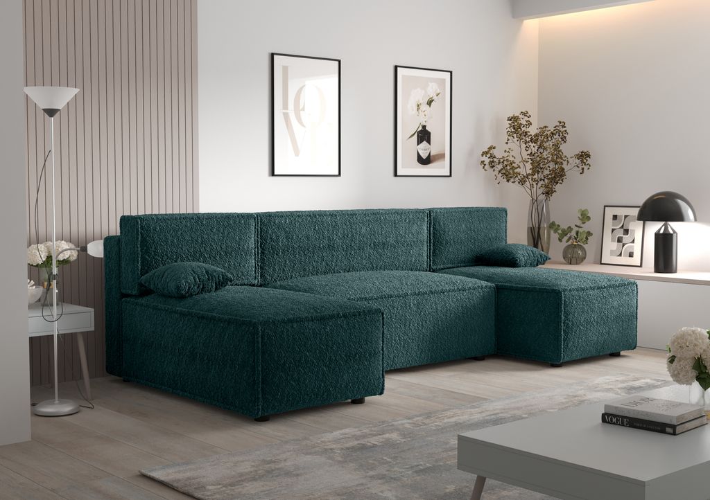 Ecksofa Alvito U, Farbe: Wassergrün. Material: Bouclé. A: B: 290 cm,H: 85 cm,Tiefe: 105 cm, Eckcouch, Schlafcouch, Sofa bed, Schlafsofa