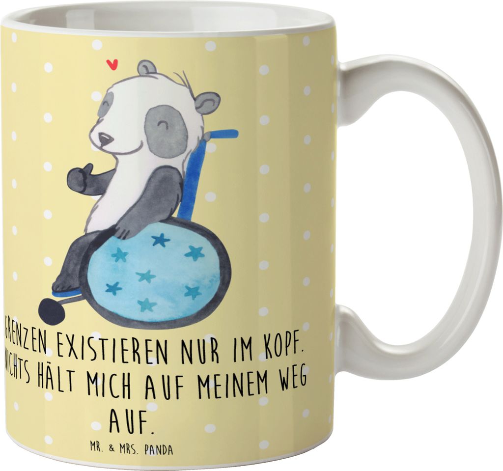 Mr. & Mrs. Panda Teetasse Panda Rollstuhl - Gelb Pastell - Geschenk, Becher, Keramiktasse, Motivtasse, Tasse, haferl, Teebecher