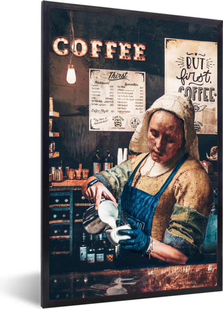 MuchoWow Gerahmtes Poster Kaffee - Milchmädchen - Barista - Vermeer - Kunst - Cappuccino - Aber der erste Kaffee 20x30 cm - Poster mit Schwarzem...