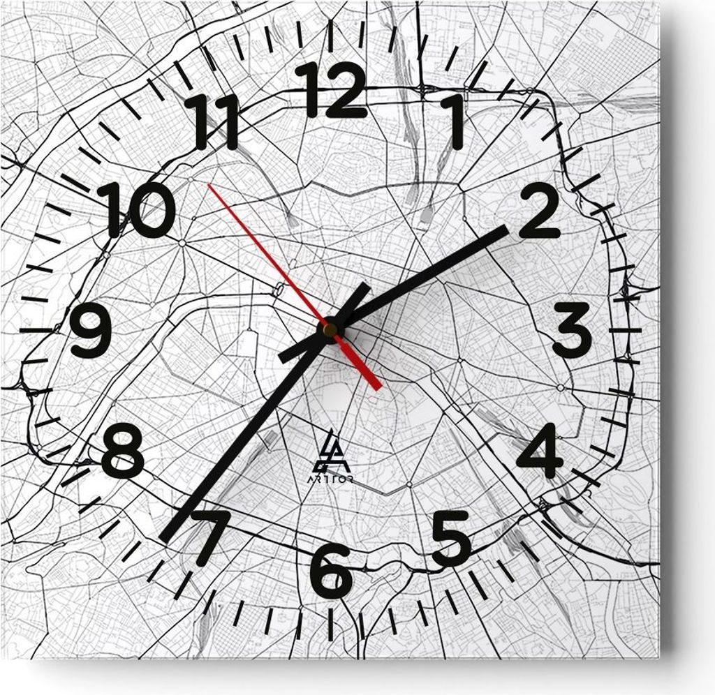 Wanduhr - Quadrat - Glasuhr - Stadt Karte Paris - 30x30cm - Schleichendes Uhrwerk - Lautlos - zum Aufhängen bereit - Dekoration Modern - Wanddekor...