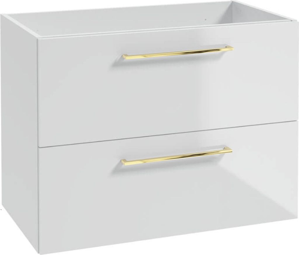 A white bathroom cabinet with two drawers and gold handles, shown against a white background.