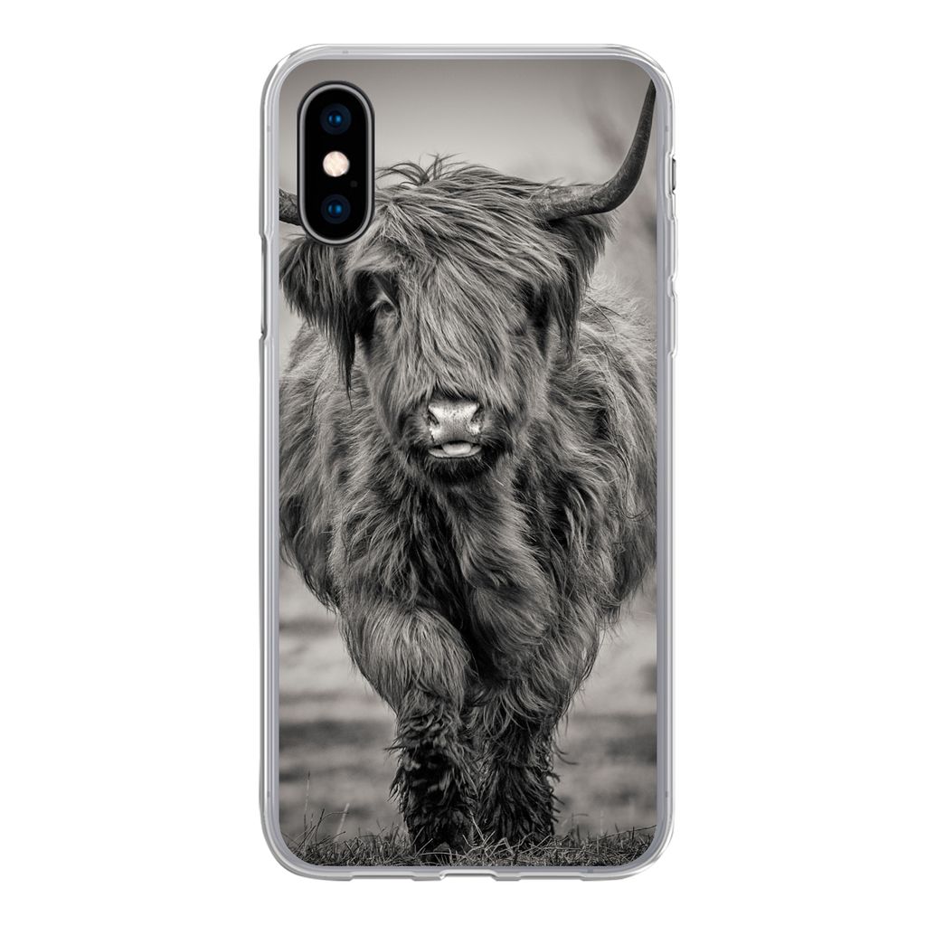 MuchoWow Handyhülle Schutzhülle Hülle für iPhone X Schottischer Highlander - Schwarz und Weiß Silikon Softcase Handy Hülle - Handyhülle