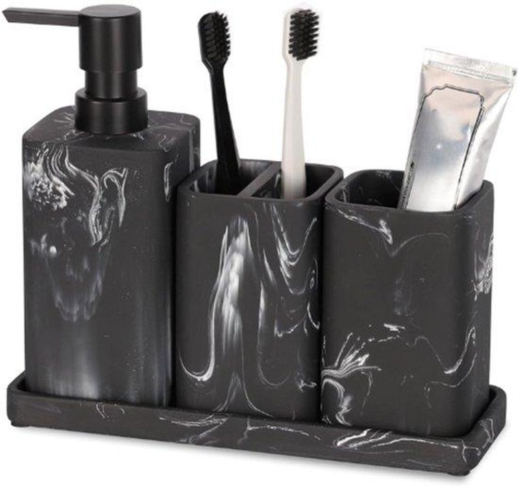 Badkamer Accessoires Set mit 4 Teilen, Schwarz, Luxe Aanrecht Organizer, Marmer Design, enthält Zeepdispenser, Tandenborstelhouder, Badkamerlade u...