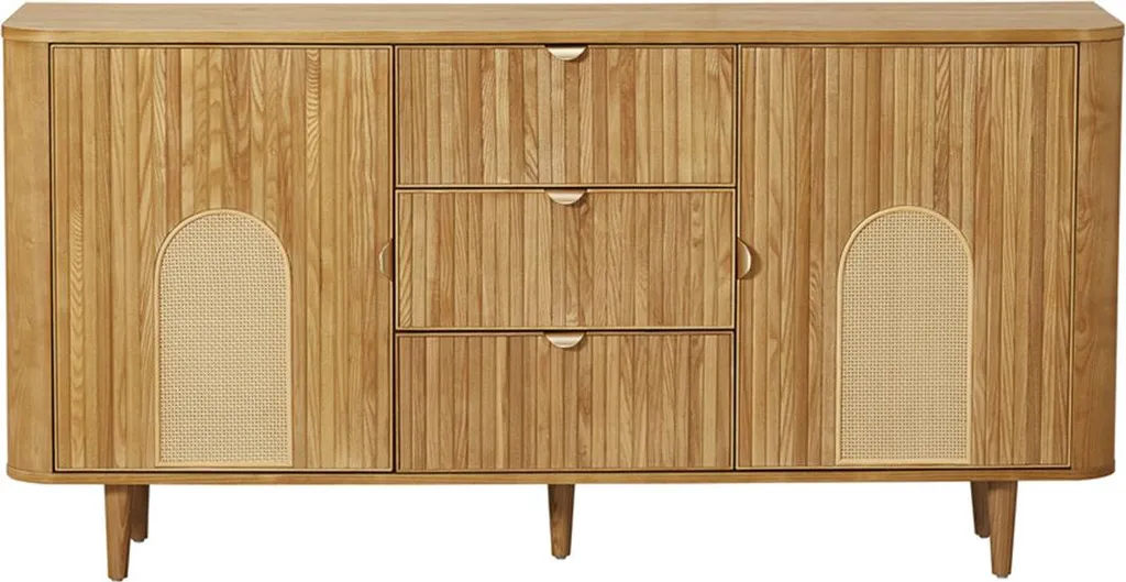 Buffet Milazzo par Lisa Design en bois plaqué chêne et cannage - 160 cm