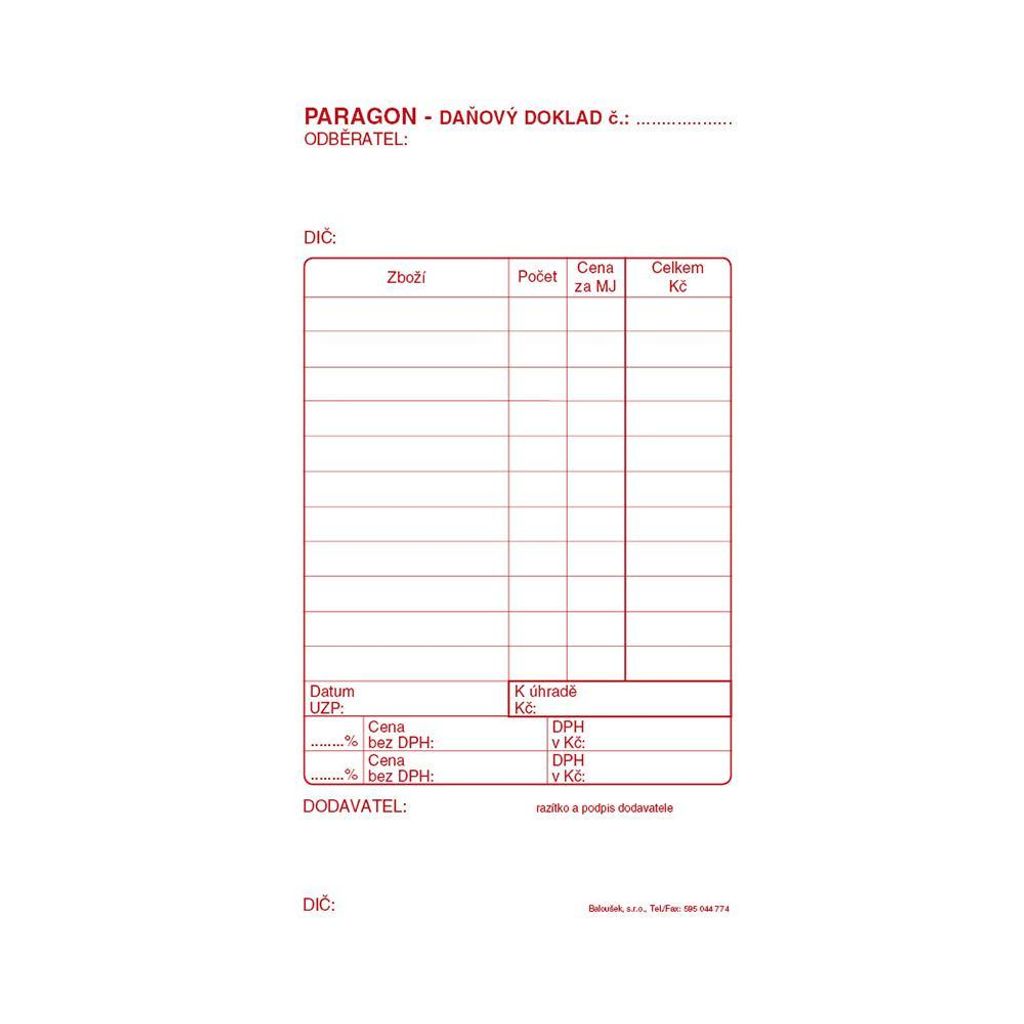 Tiskopis Paragon daňový doklad Baloušek, 80x150 mm, samopropisovací, 50 listů