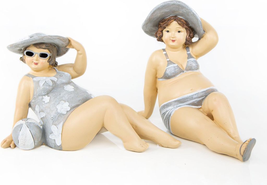 2 sommerliche Frauen im Bikini Rubensfigur 14 cm grau weiß